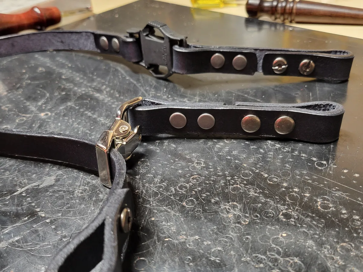 Chicago screws at the end of a black single piece strap, with its quick release and slide